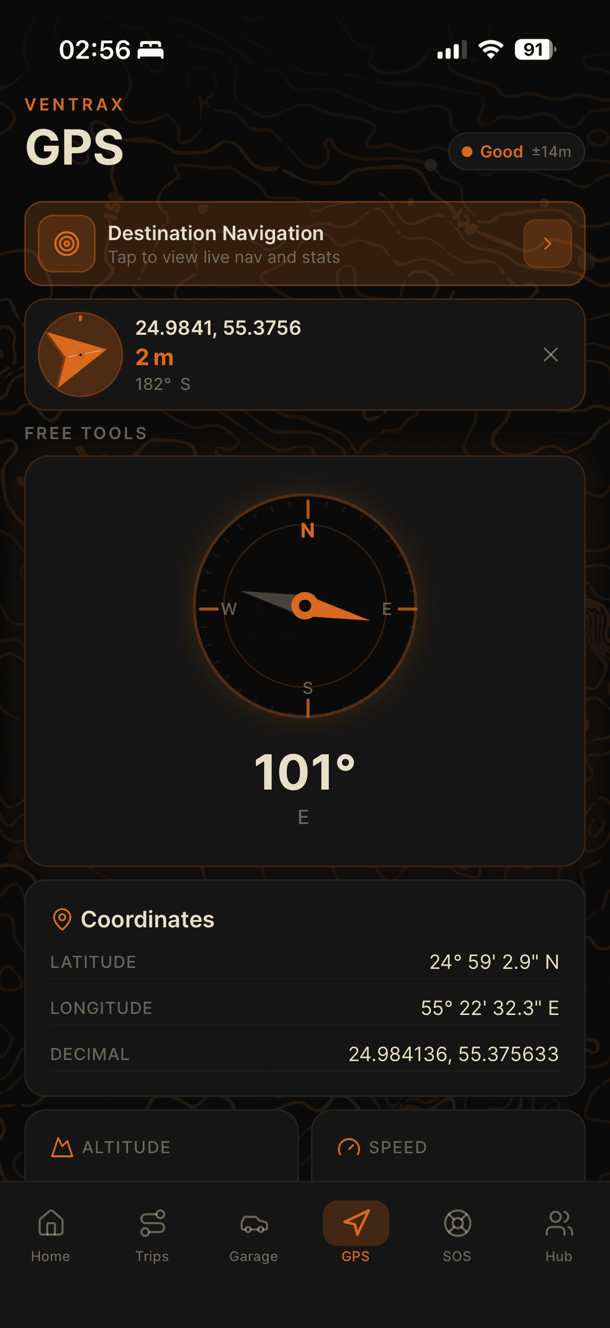 Ventrax Navra UAE desert GPS navigation and coordinates screen