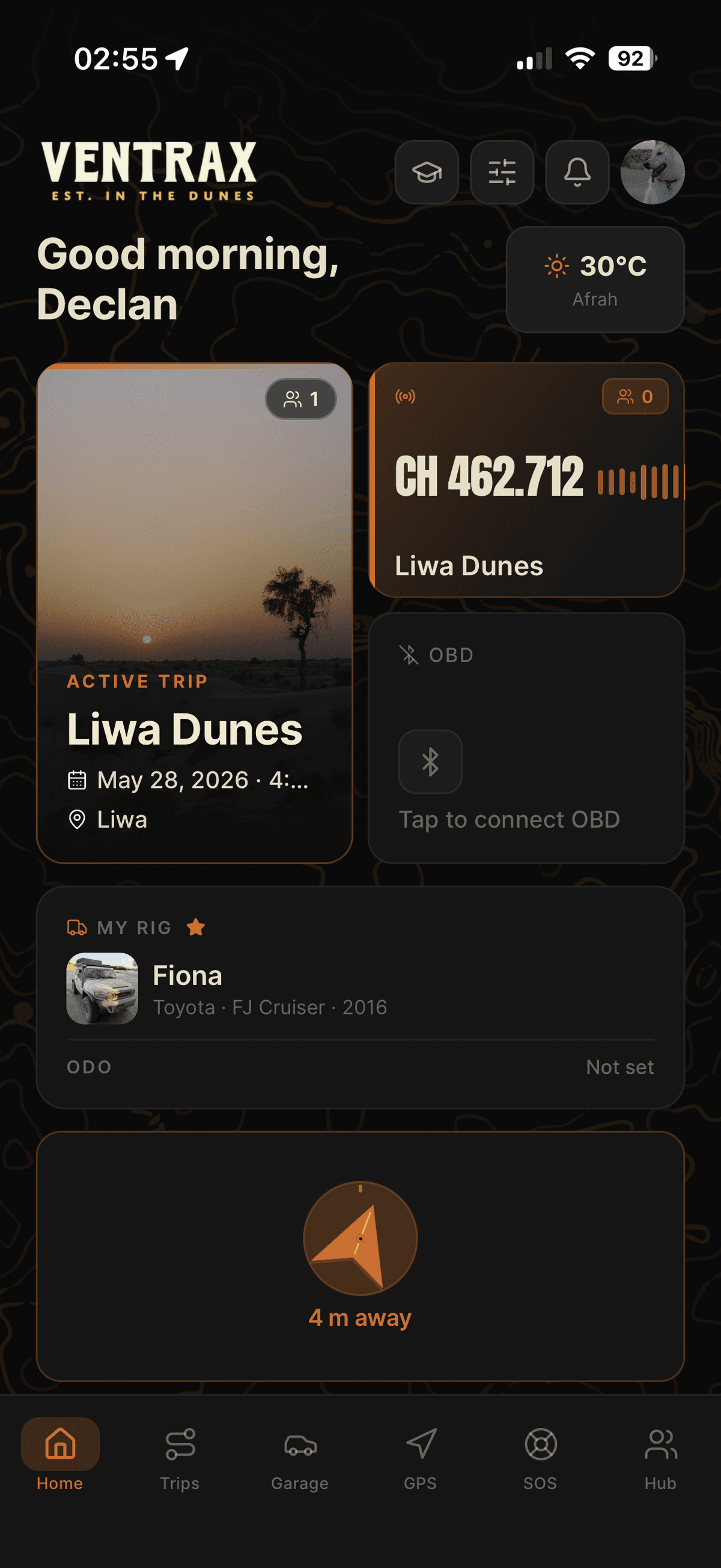 Ventrax Navra UAE off-road app home dashboard showing weather and trip tools